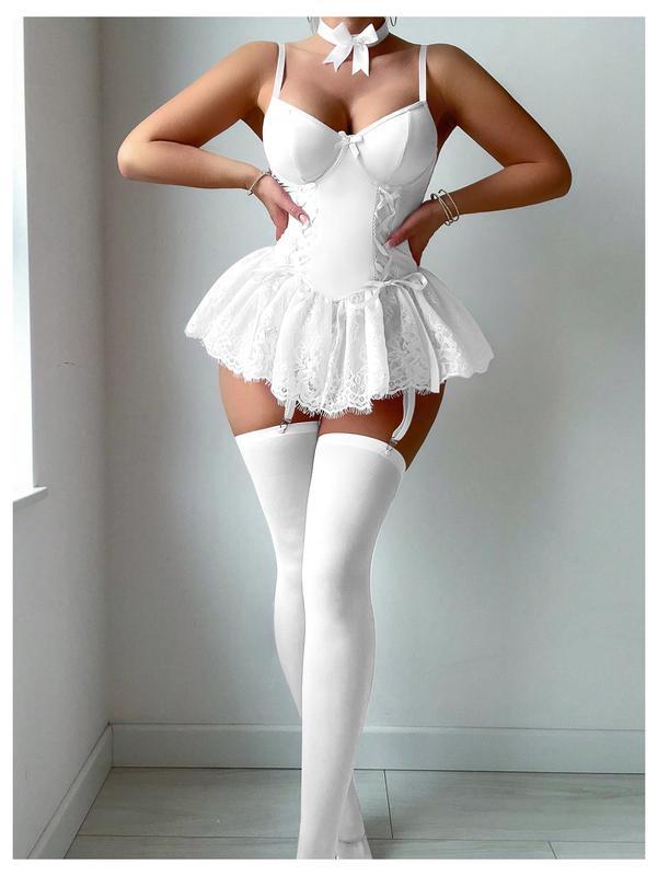 Women's Cute Lace Babydoll Garter Lingerie Dress with Stockings Set Valentine's Day Gift Party Wear Nightwear Comfy