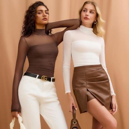 Women's Contour Turtleneck Bodysuit - Long Sleeve Mesh Body Sculpting Top | Premium Seamless Leotard for Evening Wear & Trendy Outfits