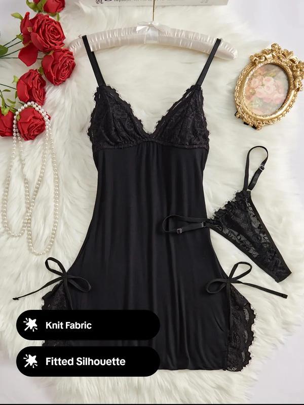 Women's Bow Decor Contrast Lace Cami Nightdress & Thong Set, Comfy Pj Set for All Seasons, Fashion Ladies Sleepwear & Homewear, Sexy Lingerie