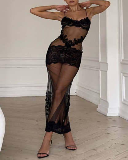 Sexy Sheer Mesh Floral Embroidered Lace Slip Dress