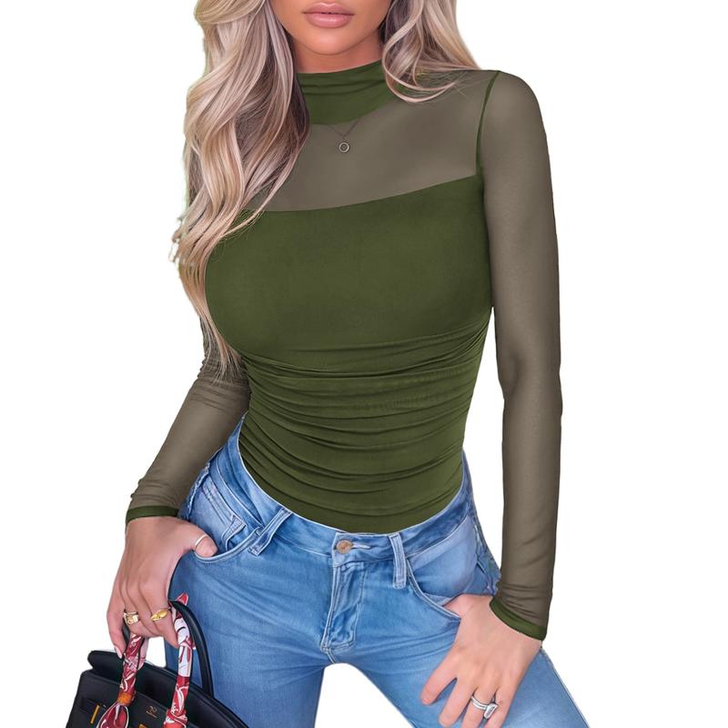 Women's Contour Turtleneck Bodysuit - Long Sleeve Mesh Body Sculpting Top | Premium Seamless Leotard for Evening Wear & Trendy Outfits