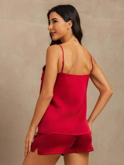 Momme Washable Silk Spaghetti Strap Round Neck Camisole Set with Side Pocket Design