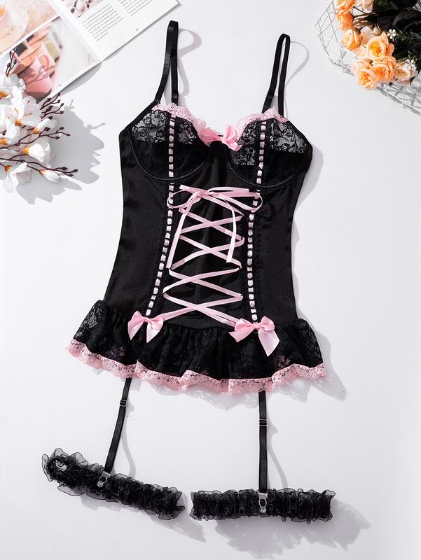 Women's 4 Piece Sets Floral Lace Up Lingerie Garter Set Bowknot Ruffle Lace Corset Top