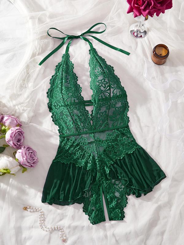 Women's Solid Color Lace Teddy Bodysuit, Sexy Comfy Breathable Aesthetic Push Up Bodysuit for Daily Wear, Women's Lingerie for All Seasons