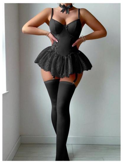 Women's Cute Lace Babydoll Garter Lingerie Dress with Stockings Set Valentine's Day Gift Party Wear Nightwear Comfy