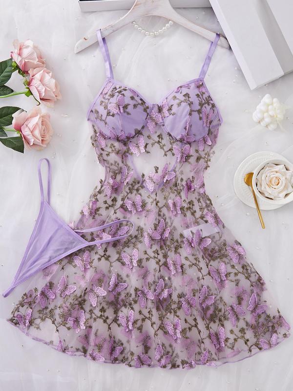 Women's Butterfly Embroidery Cami Nightdress & Thong Sexy Lingerie Set, Comfy Elegant Nighty Dress Set, Ladies Sleepwear for All Seasons