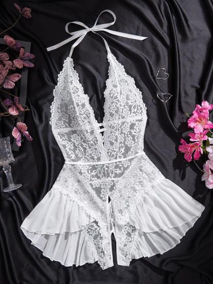 Women's Sexy Deep V Neck Strapless Bodysuit, Soft High Elastic Lace Floral Patchwork Teddy Onesie, Sheer Shapewear Sleepwear Gift womenswear lingerie set pj babydoll sneaky lingerie Elegant Vneck