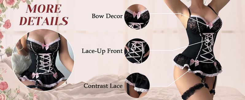 Women's 4 Piece Sets Floral Lace Up Lingerie Garter Set Bowknot Ruffle Lace Corset Top,Cute Nightwear Gift TikTokshopblackfriday