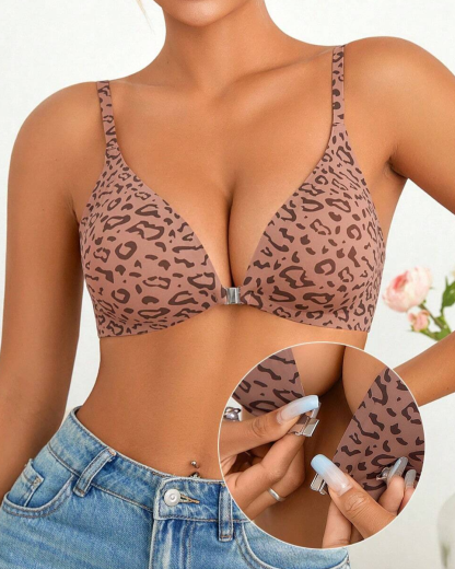 Comfortable Adjustable Straps Deep V Front Button Wireless Bra-Leopard Print