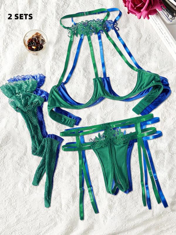 Christmas Sexy Lingerie Set, Backless Contrast Lace Design, Fitted Thin Fabric, Perfect for Halloween & Christmas Celebrations