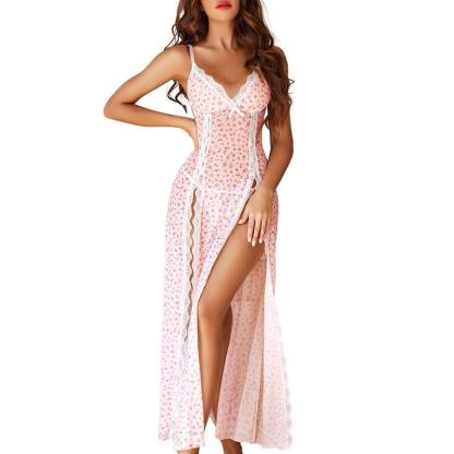 Women's Christmas Lace Nightgown - Floral Mesh Chemise with V-Neck & Side Splits - Fitted Loungewear for Comfortable Wear - Soft Lightweight Lingerie