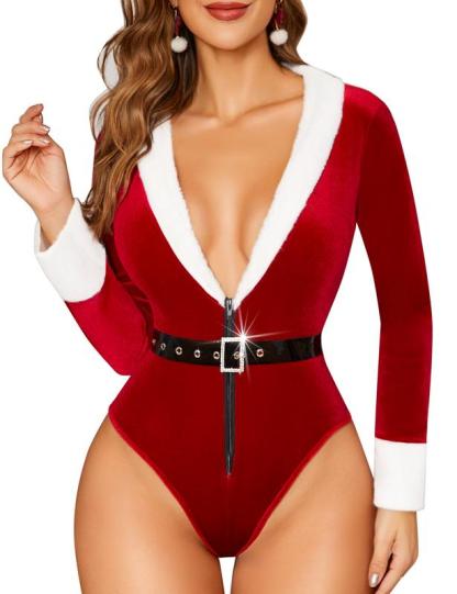 RSLOVE Women's Christmas Lingerie Sexy Red Santa Teddy One Piece Bodysuit With Belt Snap Crotch