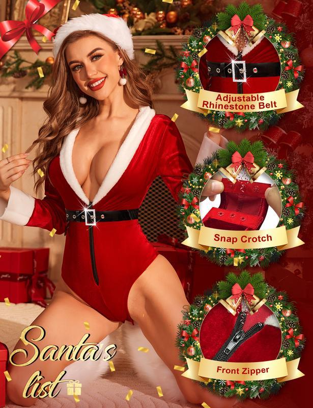 RSLOVE Women's Christmas Lingerie Sexy Red Santa Teddy One Piece Bodysuit With Belt Snap Crotch