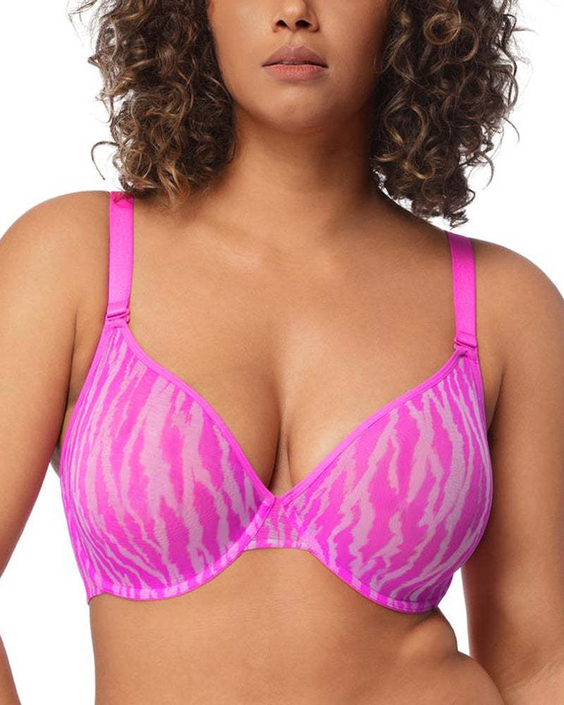Zebra Print Sheer Mesh Deep V Half Cup Adjustable Wide Strap Bra
