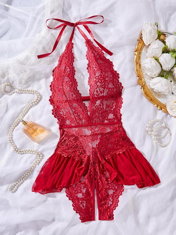 Women's Solid Color Lace Teddy Bodysuit, Sexy Comfy Breathable Aesthetic Push Up Bodysuit for Daily Wear, Women's Lingerie for All Seasons