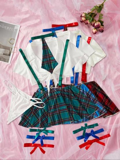 Christmas Temptation Sexy Cosplay Set, Dark Plaid Pattern, Thin Fabric, Fitted Style, Adjustable Strap Design, All Seasons Wear
