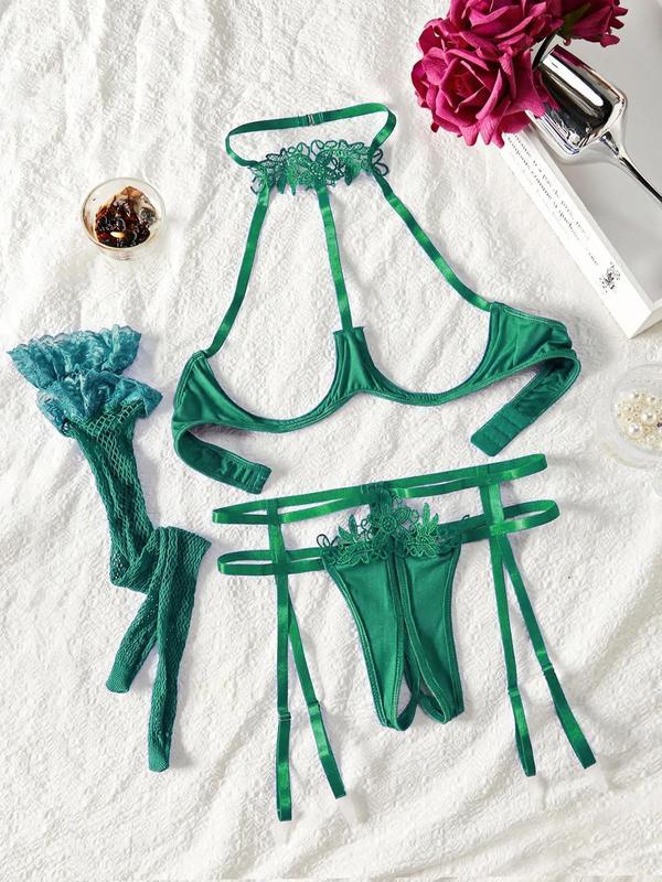 Christmas Sexy Lingerie Set, Backless Contrast Lace Design, Fitted Thin Fabric, Perfect for Halloween & Christmas Celebrations