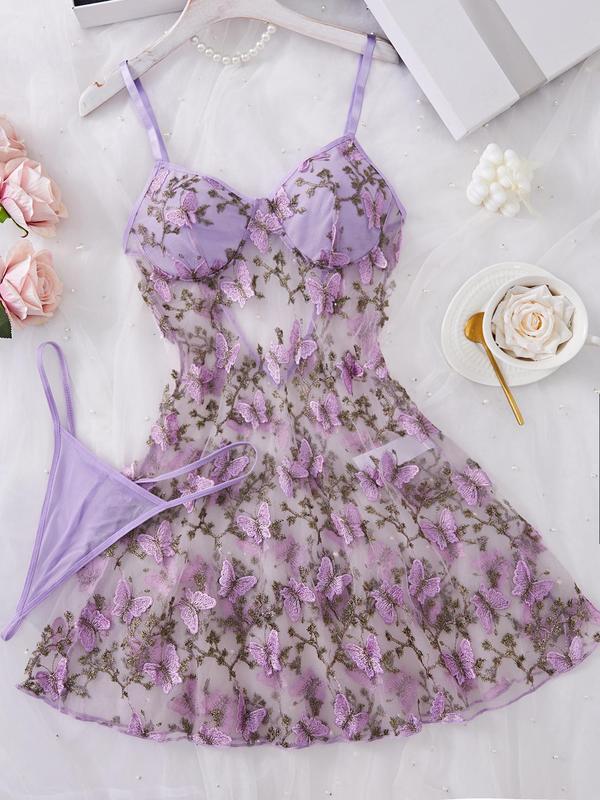 Women's Butterfly Embroidery Cami Nightdress & Thong Sexy Lingerie Set, Comfy Elegant Nighty Dress Set, Ladies Sleepwear for All Seasons