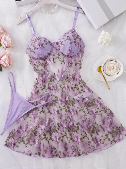 Women's Butterfly Embroidery Cami Nightdress & Thong Sexy Lingerie Set, Comfy Elegant Nighty Dress Set, Ladies Sleepwear for All Seasons