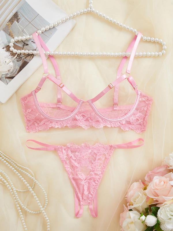 Women's Floral Lace Sexy Lingerie Set, Sexy Cut Out Underwire Bra & Open Crotch Design Thong Two-Piece Set, Lingerie Set for Women