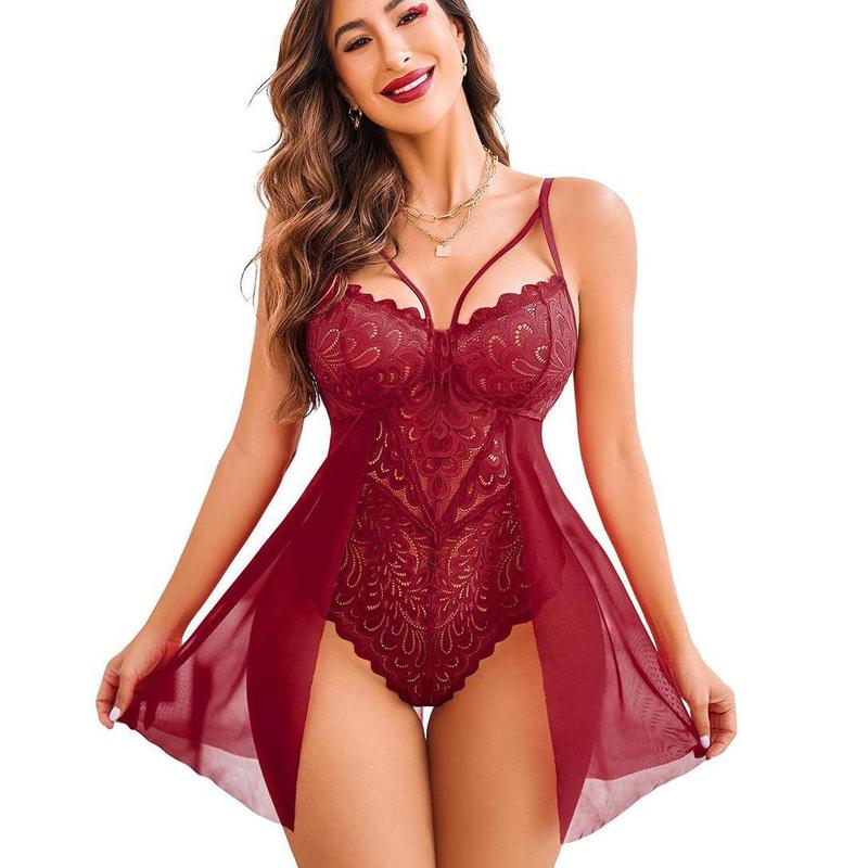 Women Floral Snap Crotch Chemise Nightie Lace Nightgown