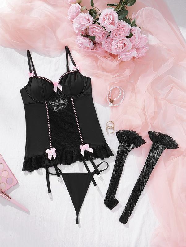 Women's Christmas Floral Lace Bow Front Garter Belt Babydoll Bustier Set with 1 Pair Stockings,Lingerie Set Nightwear