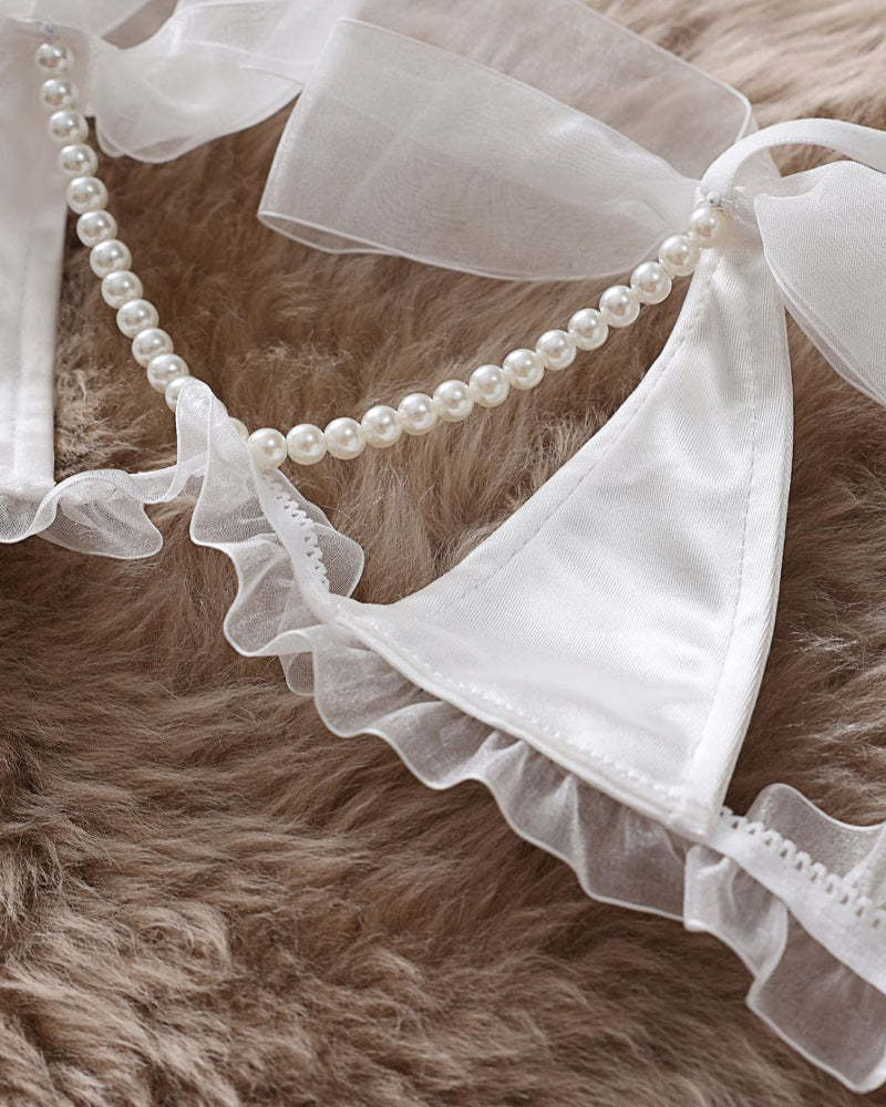 Lace Mesh Bow Tie Pearl Decoration Lingerie Set