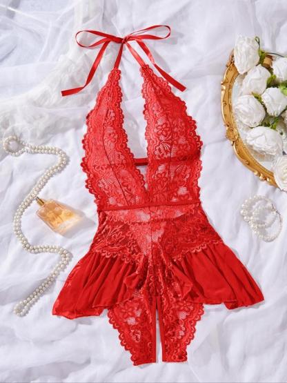 Women's Solid Color Lace Teddy Bodysuit, Sexy Comfy Breathable Aesthetic Push Up Bodysuit for Daily Wear, Women's Lingerie for All Seasons