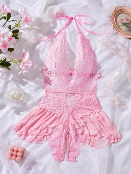 Women's Solid Color Lace Teddy Bodysuit, Sexy Comfy Breathable Aesthetic Push Up Bodysuit for Daily Wear, Women's Lingerie for All Seasons