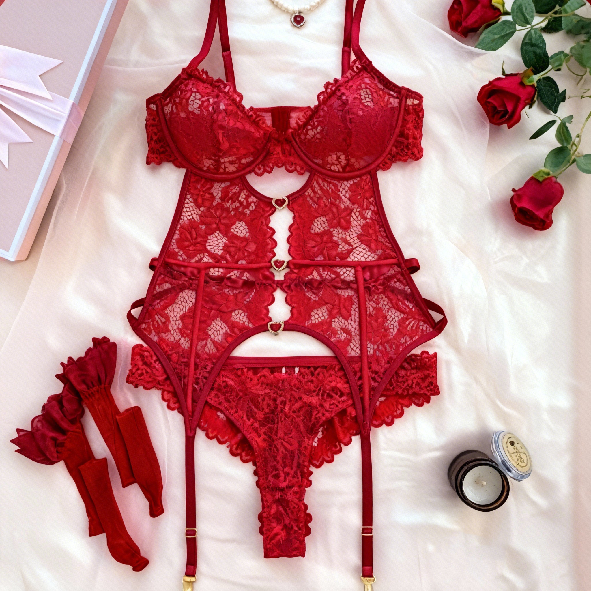 Women's Floral Lace Mesh Lingerie Set Teddy Babydoll Bodysuit with Garter Belts,Valentine's Day Christmas Gift,Minimalist Nightgown Sleepwear