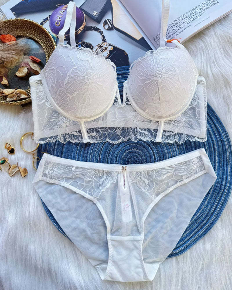 Sexy Mesh Lace Floral Embroidered Underwire Bra And Panty Set