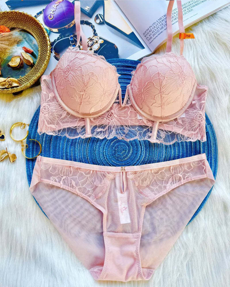 Sexy Mesh Lace Floral Embroidered Underwire Bra And Panty Set