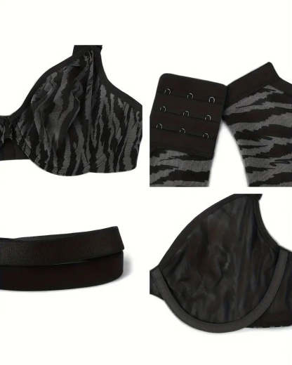 Zebra Print Sheer Mesh Deep V Half Cup Adjustable Wide Strap Bra