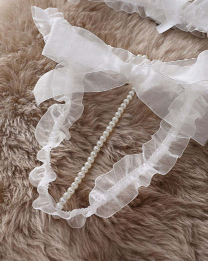 Lace Mesh Bow Tie Pearl Decoration Lingerie Set