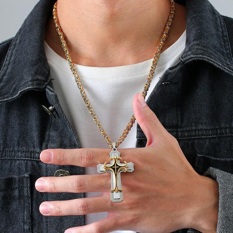 Stainless Steel Chain Men Necklace Black Fleur-de-lis Cross Pendant Cadenas Para