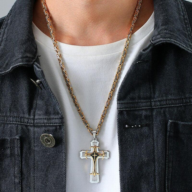 Stainless Steel Chain Men Necklace Black Fleur-de-lis Cross Pendant Cadenas Para