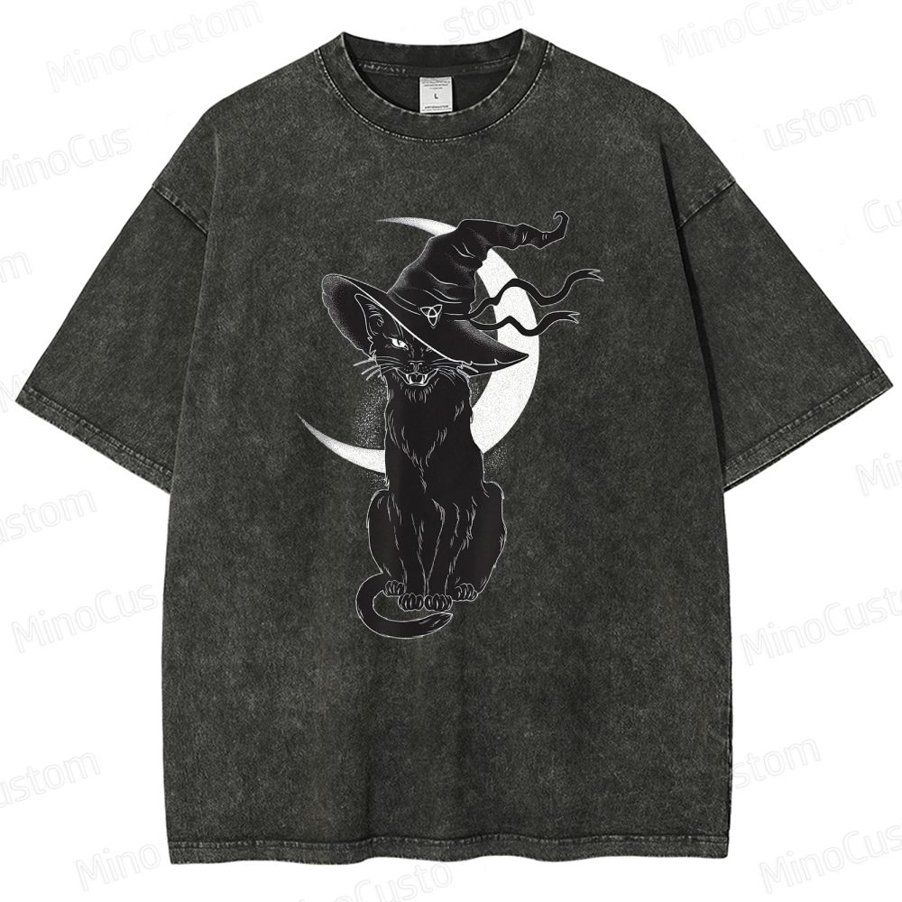 Halloween Black Cat Washed T-Shirt.Animals