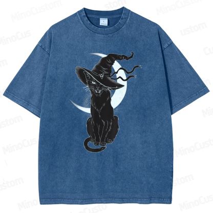 Halloween Black Cat Washed T-Shirt.Animals