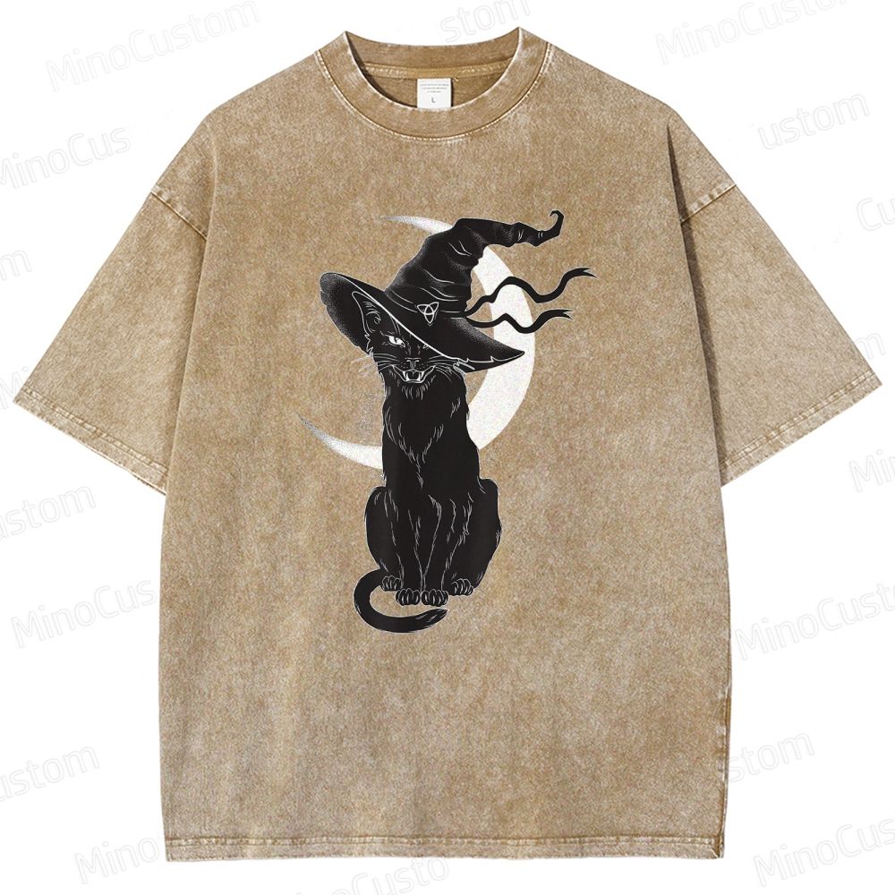 Halloween Black Cat Washed T-Shirt.Animals
