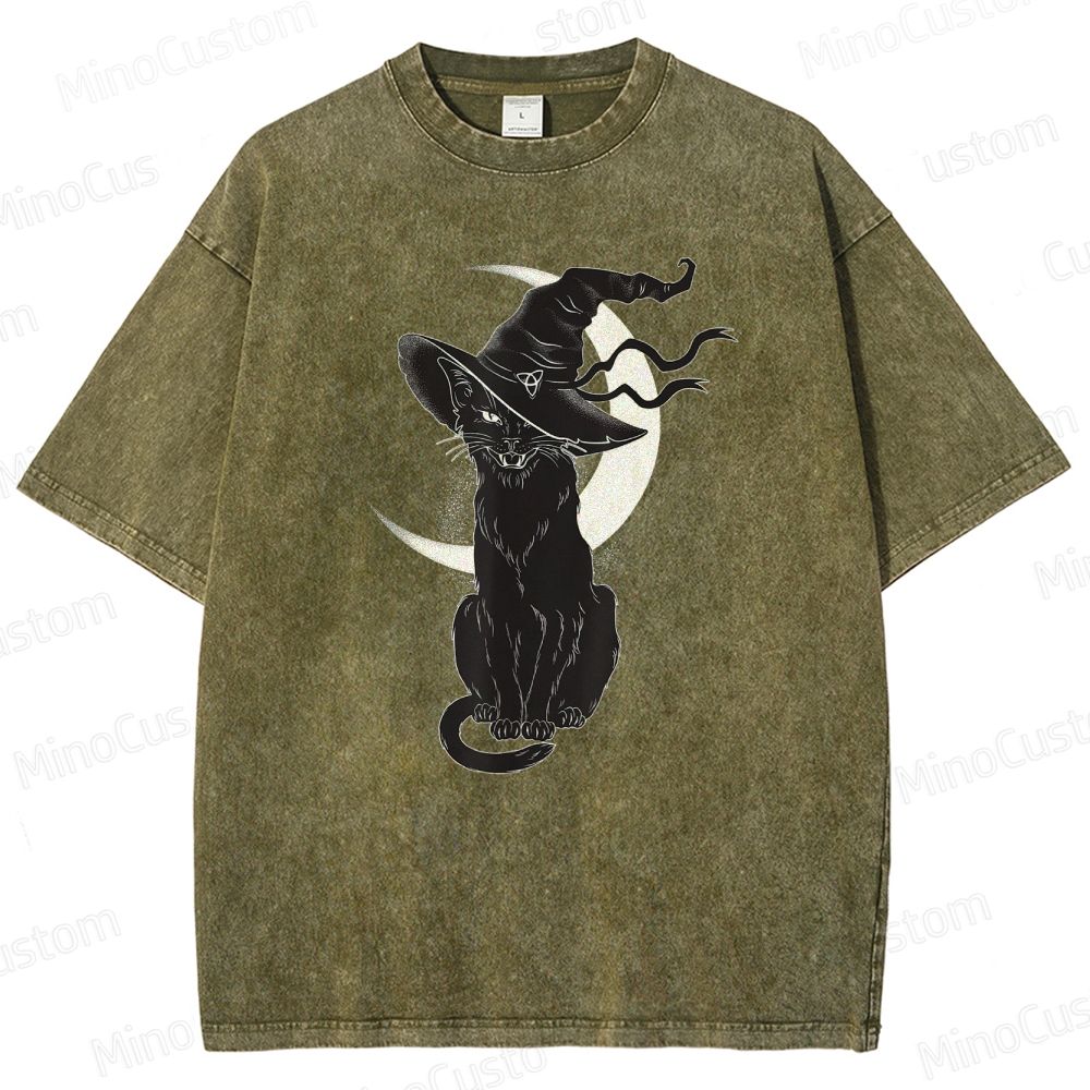 Halloween Black Cat Washed T-Shirt.Animals