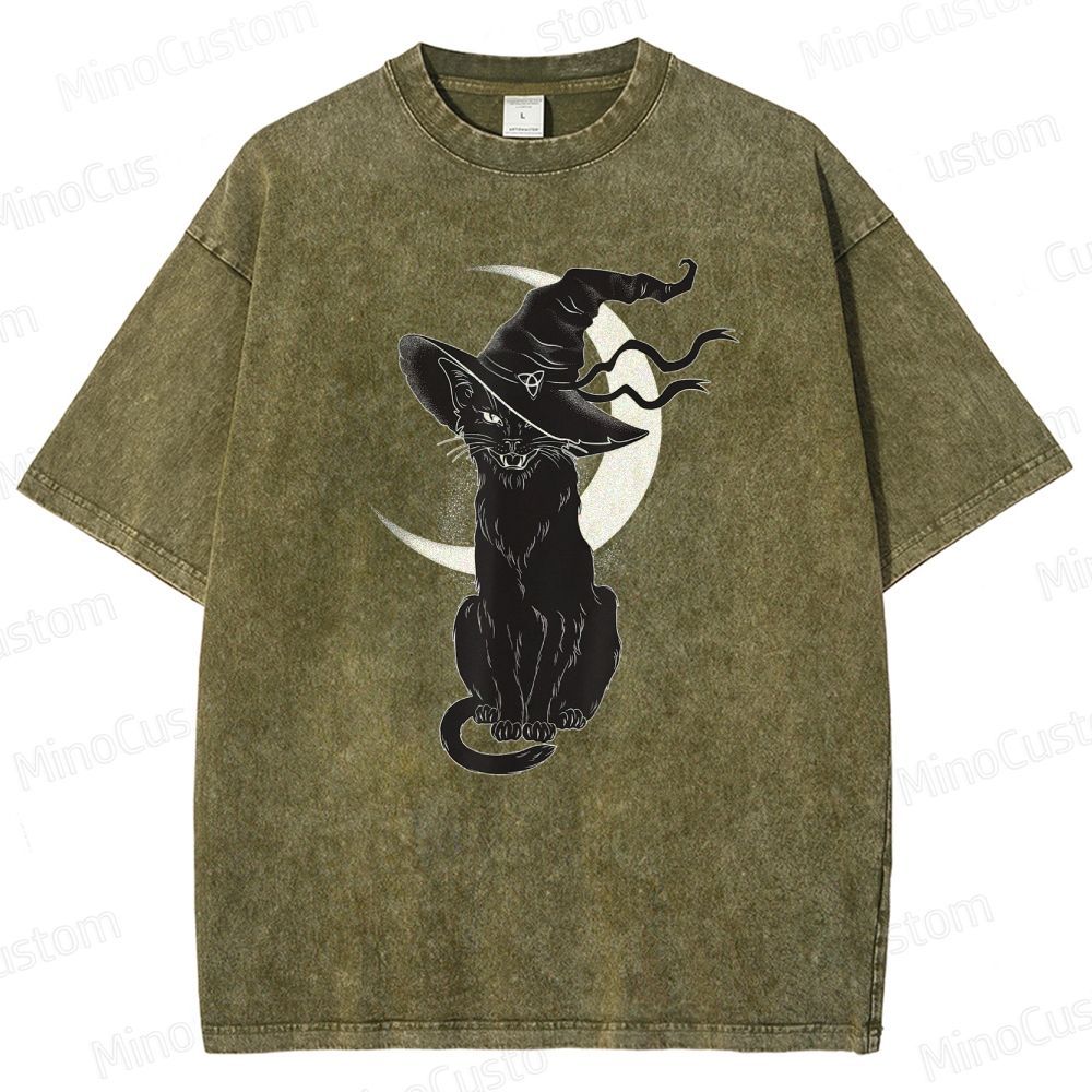 Halloween Black Cat Washed T-Shirt.Animals