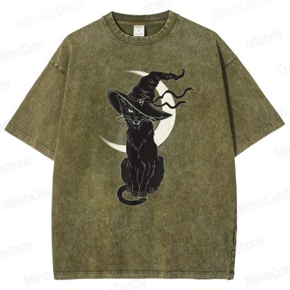 Halloween Black Cat Washed T-Shirt.Animals