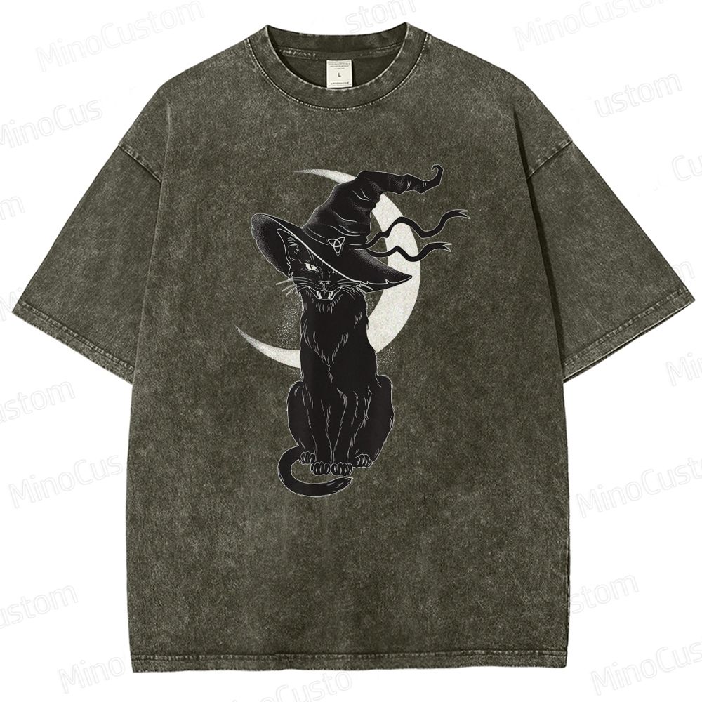 Halloween Black Cat Washed T-Shirt.Animals