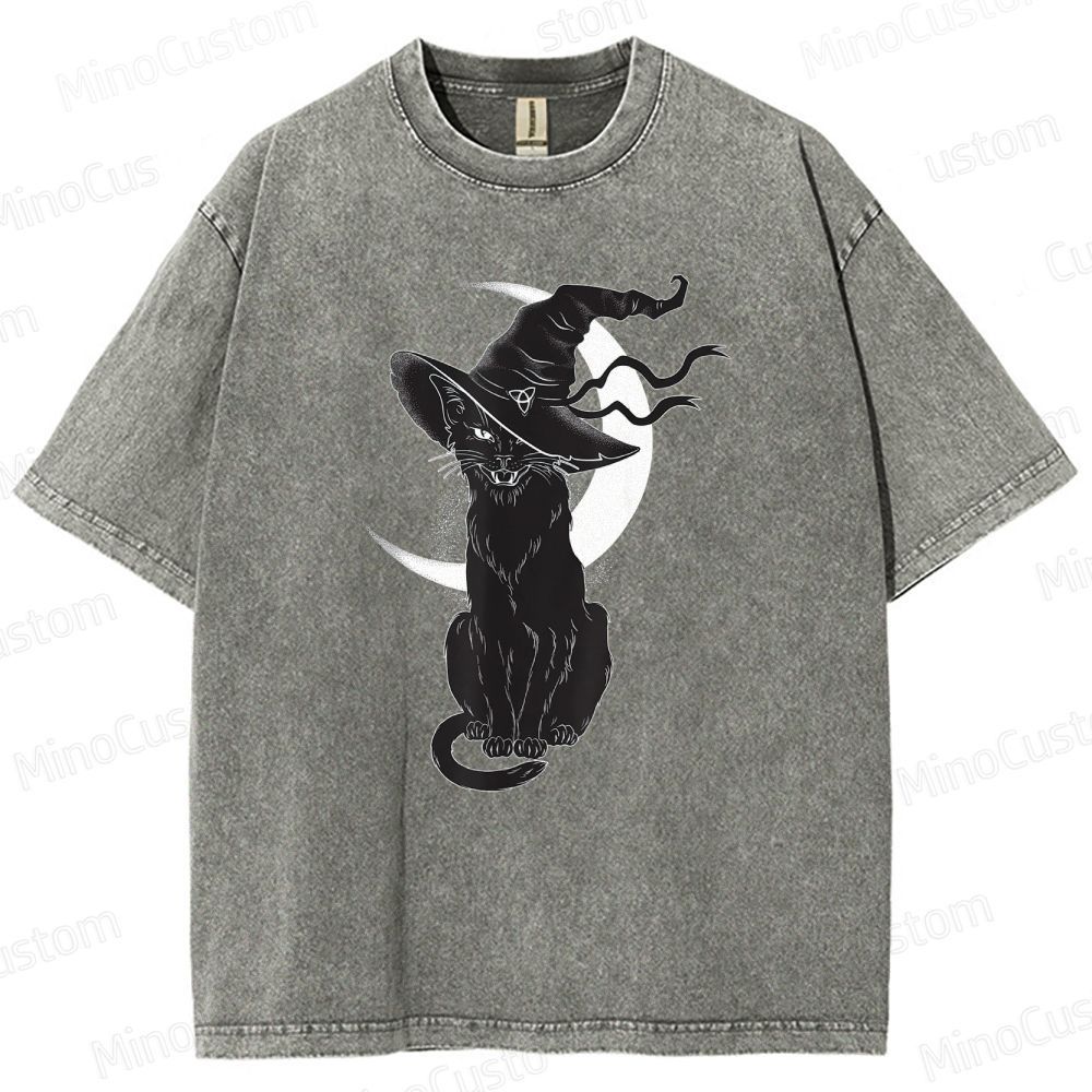 Halloween Black Cat Washed T-Shirt.Animals