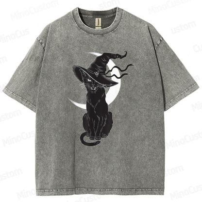 Halloween Black Cat Washed T-Shirt.Animals