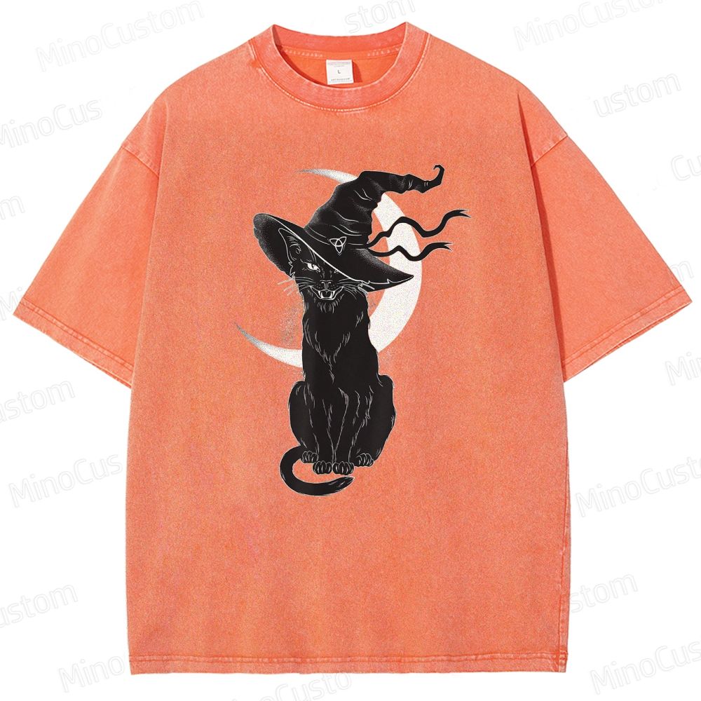 Halloween Black Cat Washed T-Shirt.Animals