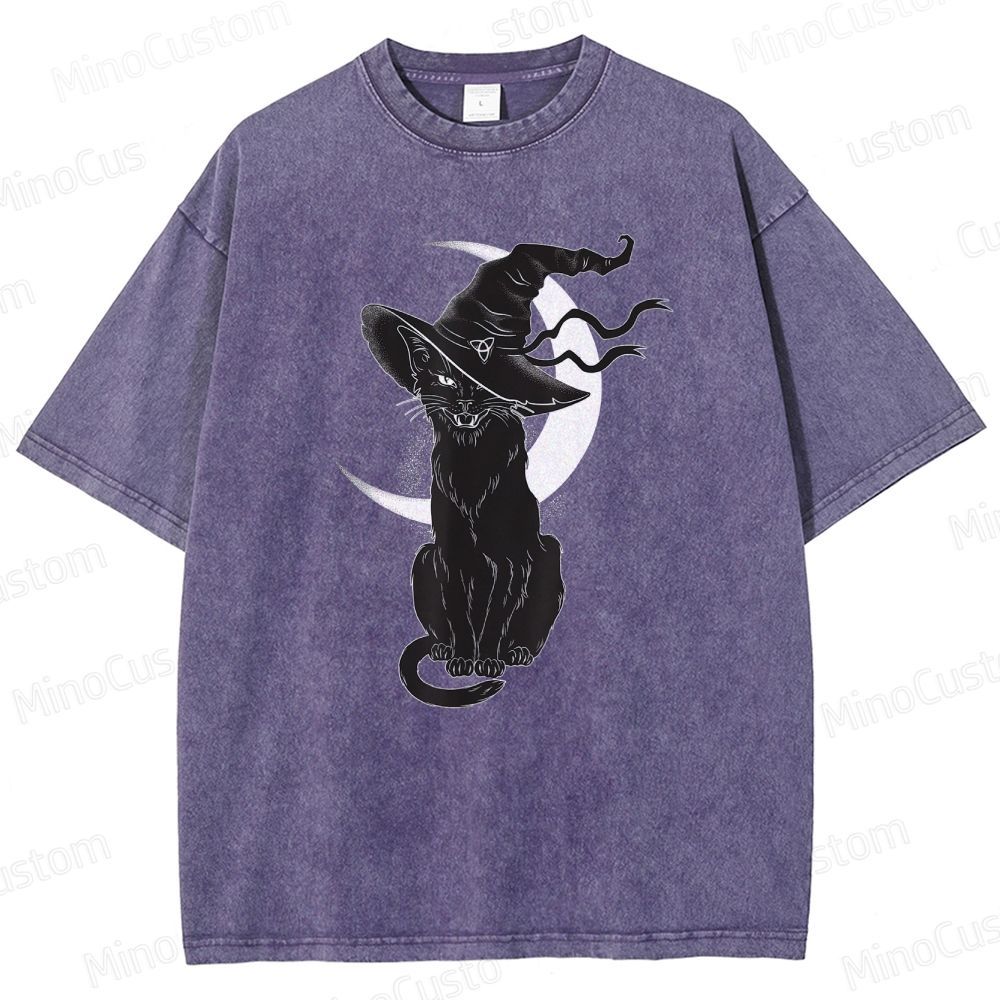 Halloween Black Cat Washed T-Shirt.Animals