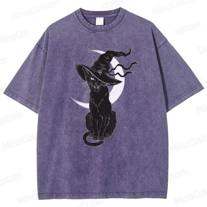 Halloween Black Cat Washed T-Shirt.Animals