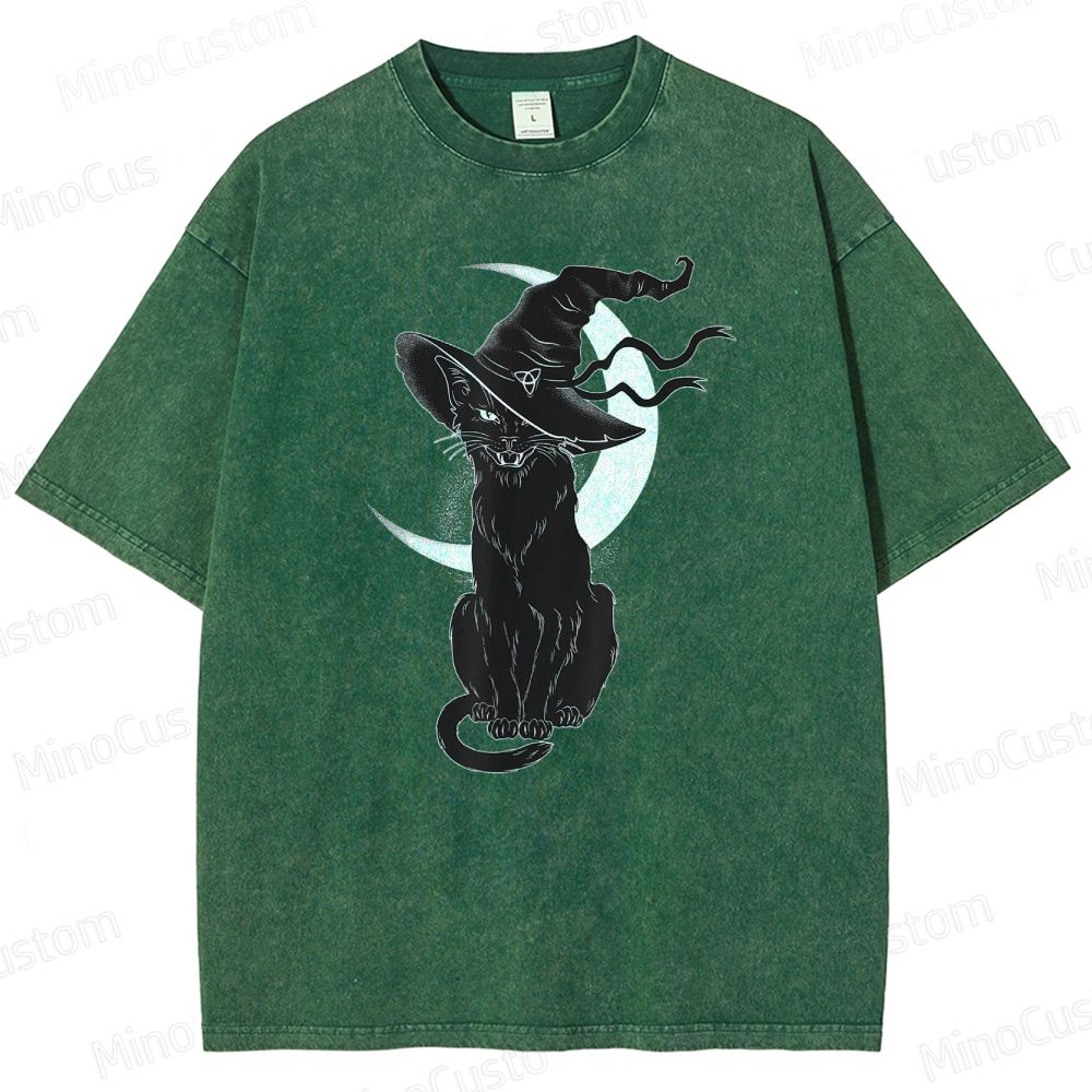 Halloween Black Cat Washed T-Shirt.Animals