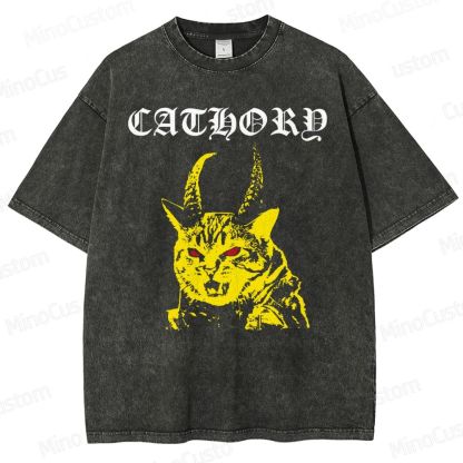 Cathord Horned Cat Vintage Washed T - Shirt.Animals